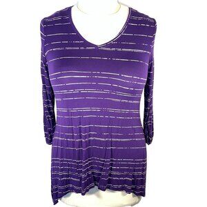 Apt.9 - Tunic Top Womens L Purple Sharkbite Hem V-Neck 3/4 Sleeve Gray Stripelet